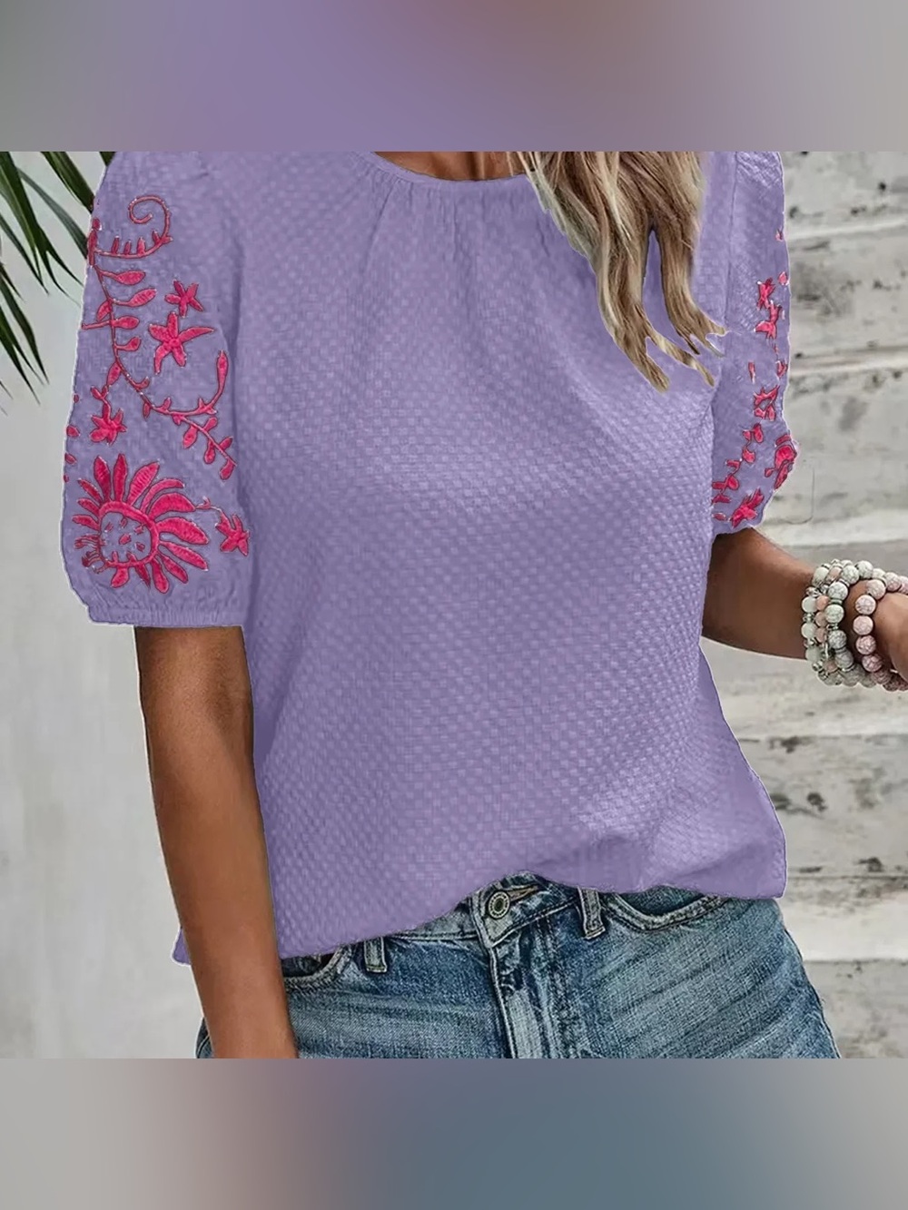 Embroidered Lilac Short Sleeve Women's Top